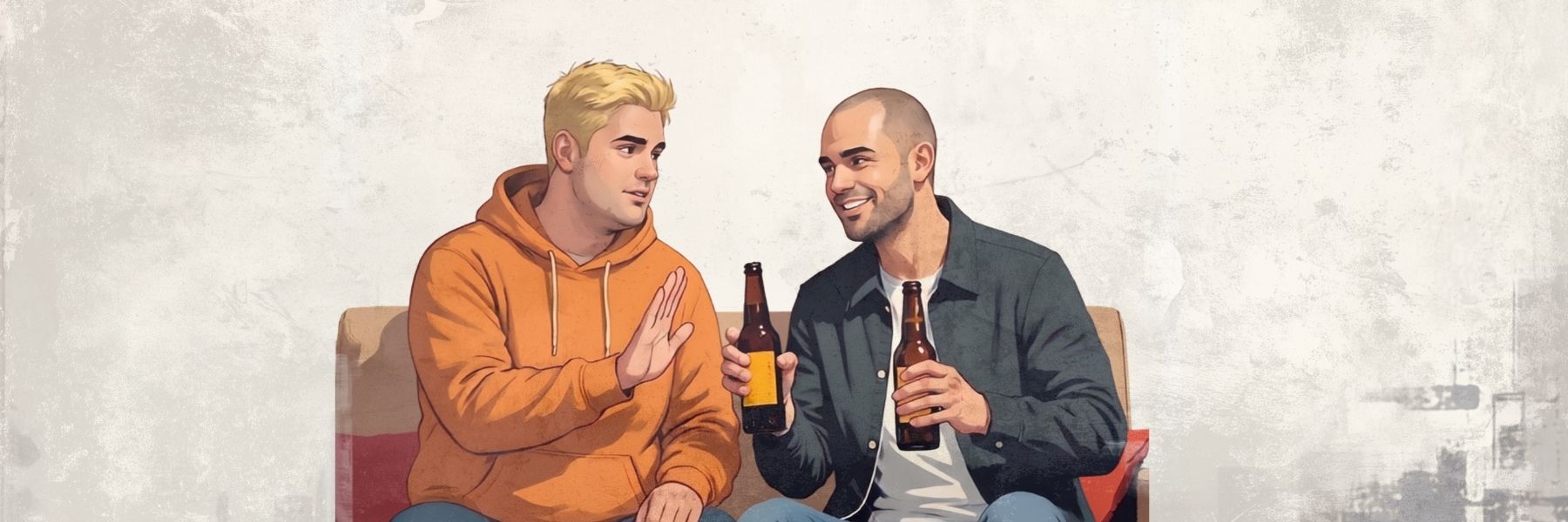 Ein Mann lehnt das Bier ab, das ein anderer Mann ihm anbietet.