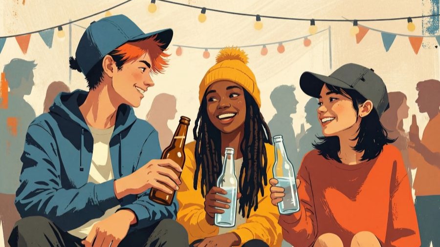 Drei Jugendliche auf einer Party ohne Getränke in der Hand sprechen und lachen miteinander.