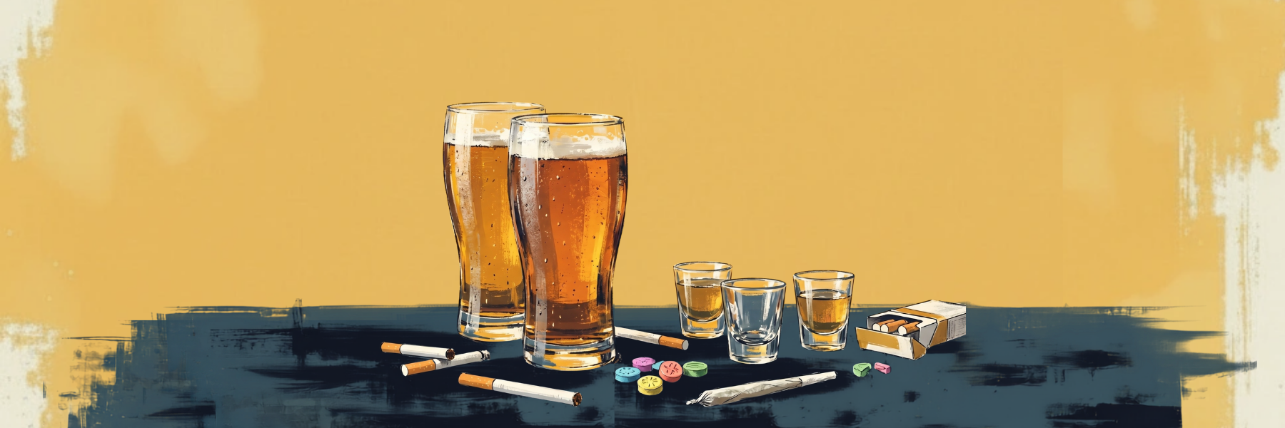 Auf einem Tisch stehen verschiedene Gläser mit Bier und Schnapps. Daneben liegen Zigaretten und Tabletten.