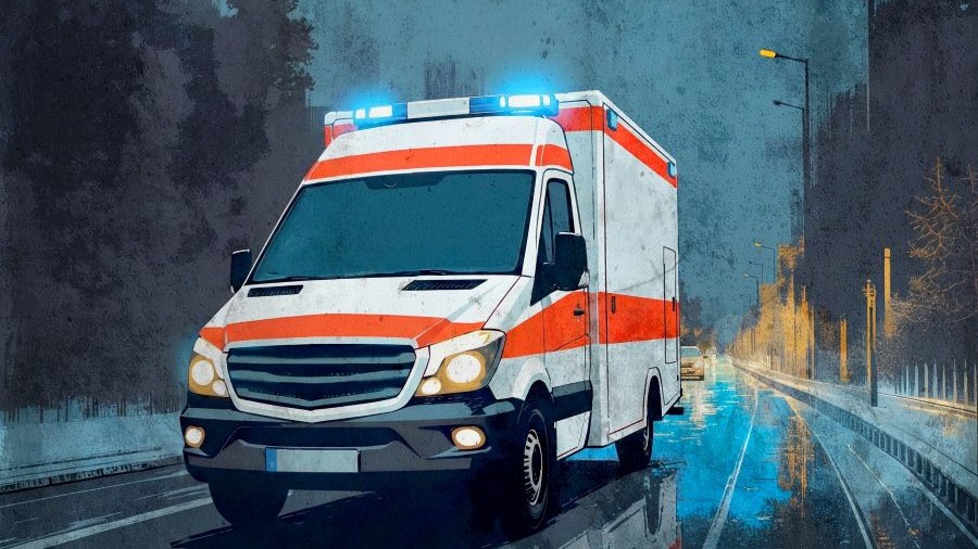 Ein Rettungswagen mit Blaulicht bei Nacht auf regennasser Fahrbahn.