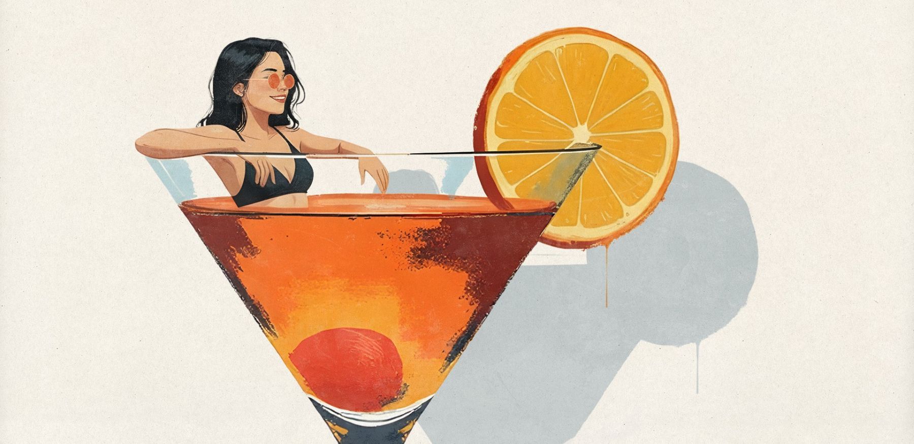 Eine Frau mit Sonnenbrille badet in einem überdimensional großen Martiniglas. Das Bild stellt metaphorisch dar, welche Stimmungen und Gefühle Alkoholwerbung transportiert.