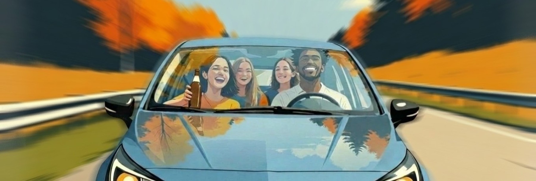 Jugendliche fahren in einem Auto und lachen, die Beifahrerin trinkt Alkohol.