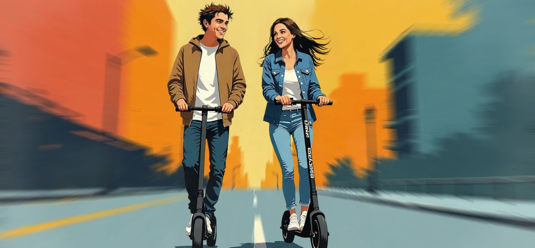 Zwei junge Erwachsene fahren auf dem E-Scooter.