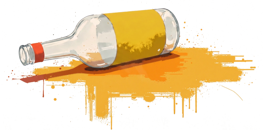 Eine leere Flasche liegt auf dem Boden.