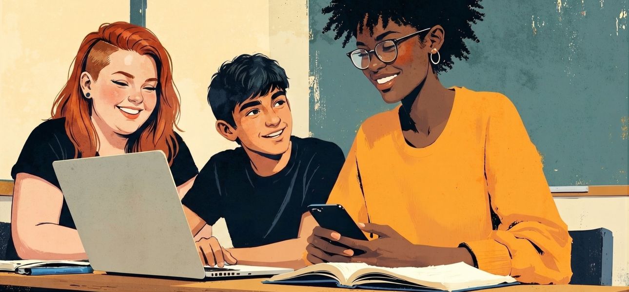 Zwei Schülerinnen und ein Schüler arbeiten in einer Gruppenarbeit zusammen am Laptop.