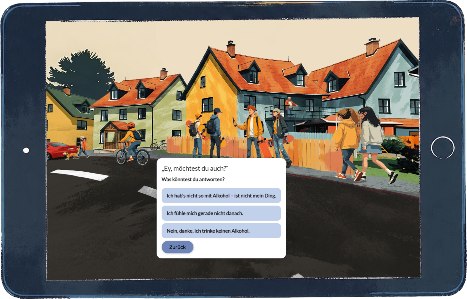 Ein Tablet zeigt das digitale Lernspiel „Dein Style, dein Nein – Was würdest du sagen?“
